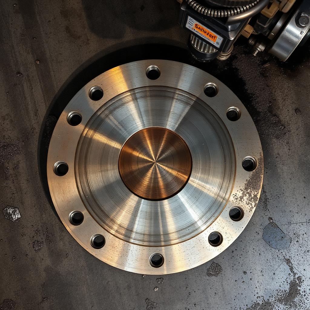 Overhead shot of a large carbon steel flange next to waterjet head