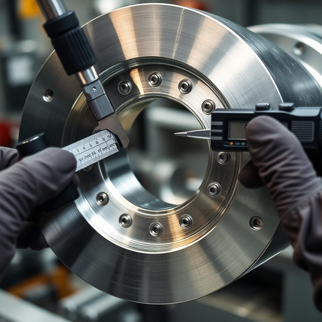 Inconel superalloy flange being inspected with digital calipers